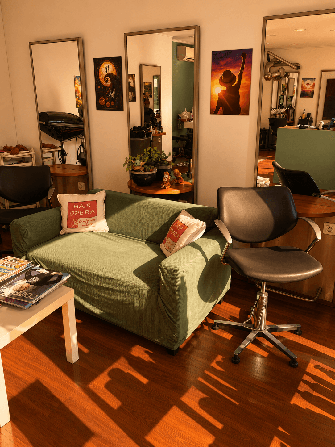 Espace détente du salon Hair Opéra avec canapé et coussins personnalisés